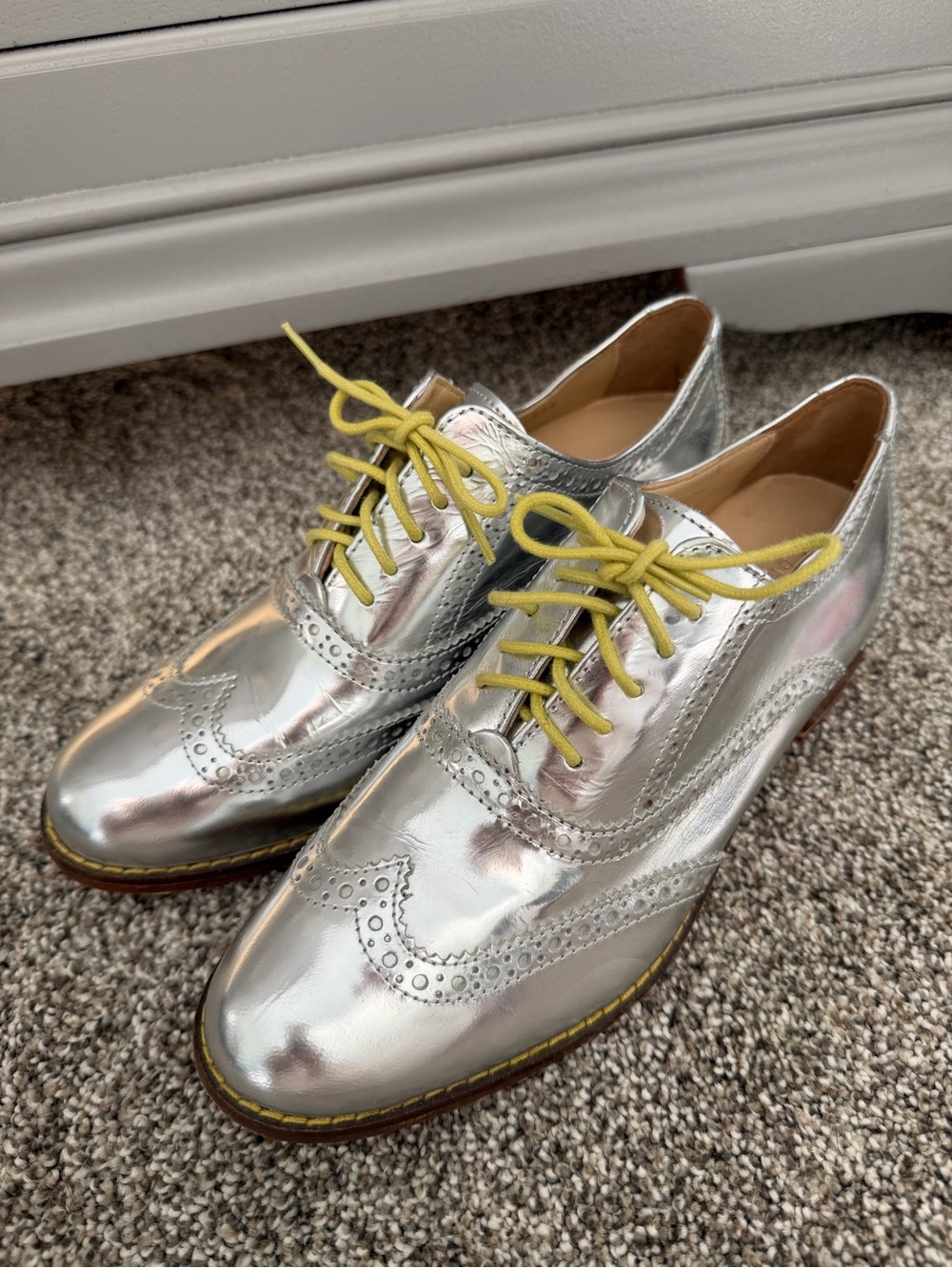 Cole Haan Silver Metallic Wingtip Flats with Yellow Laces - Picture 2 of 5
